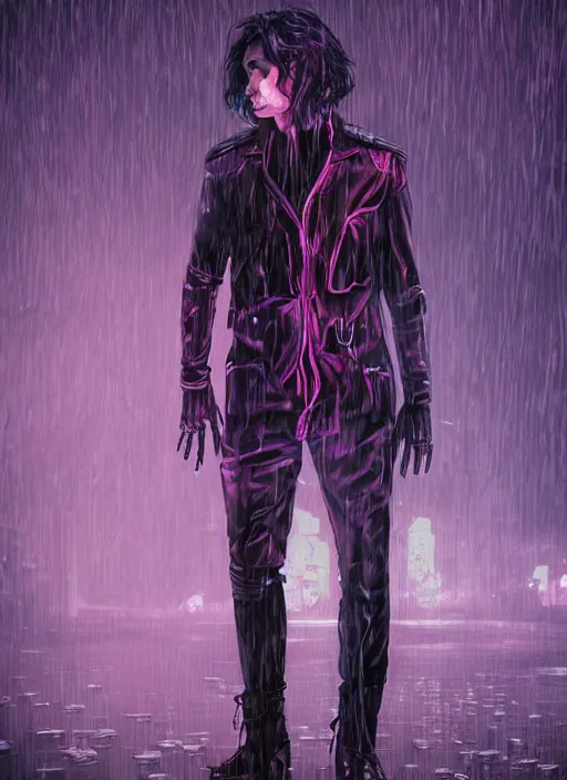 Image similar to an epic fantasy comic book style full body portrait painting of a very beautiful synthwave industrial goth trent reznor as snape walking in the rain, neon reflections in the rain puddles, character design by mark ryden and pixar and hayao miyazaki, unreal 5, daz, hyperrealistic, octane render, cosplay, rpg portrait, dynamic lighting, intricate detail, cinematic