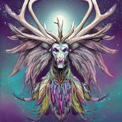 Prompt: cosmic horror entity with wings, many feathers and majestic antlers