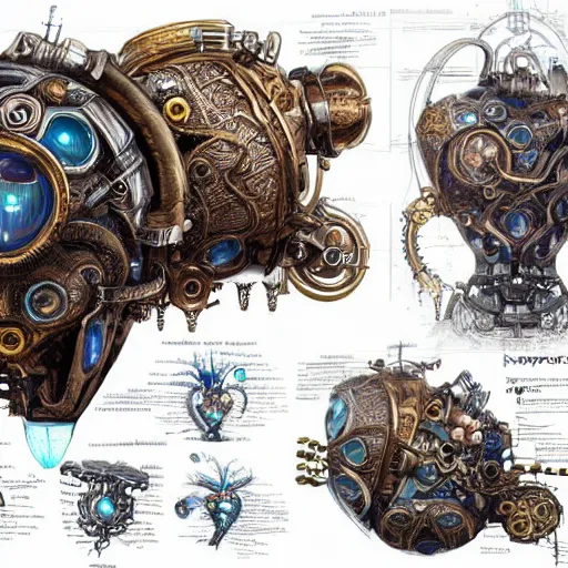 Image similar to a full page concept designs of a robotic heart device powered by magic gems, steampunk blueprint, intricate details, ink on paper, scientific, Highly detailed labeled, poster, peter mohrbacher,