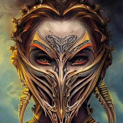 Image similar to Elden Ring themed painting of hybrid majestic aztec warrior princess fantasy biomechanical human beautiful immortal feminine angel symmetrical face angry mask closeup face breathing mask tattoo pattern golden ratio concept, deep forest psytrance Neo-Gothic concept, infinity glyph waves, intricate artwork masterpiece, very coherent artwork, cinematic, full frontal facial features by Artgerm, Takato Yamamoto, Zdizslaw Beksinski, Johnatan Wayshak, Moebius, Ayami Kojima, very anatomically coherent artwork, trending on cgsociety, ultra high quality model, production quality cinema model, high detail chromatic ink outline, octane render, unreal engine 8k, hyper realism, high detail, octane render, unreal engine, 8k, High contrast