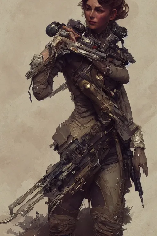 Prompt: A full portrait of a beautiful post apocalyptic offworld arms dealer, intricate, elegant, highly detailed, digital painting, artstation, concept art, smooth, sharp focus, illustration, art by Krenz Cushart and Artem Demura and alphonse mucha