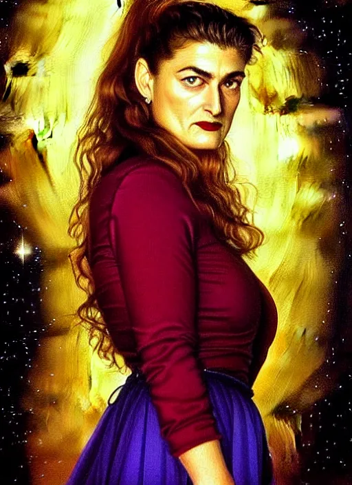 Image similar to elegantly disdainful. Shelly Johnson from Twin Peaks as empress of pulsar stars. ultra detailed painting at 16K resolution and amazingly epic visuals. epically beautiful image. amazing effect, image looks gorgeously crisp as far as it's visual fidelity goes, absolutely outstanding. vivid clarity. ultra. iridescent. mind-breaking. mega-beautiful pencil shadowing. beautiful face. Ultra High Definition. godly shading diffusion. amazingly crisp sharpness. photorealistic 3D rendering on film cel processed twice..