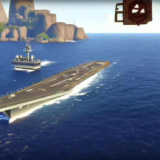 Prompt: Gameplay screenshot of an aircraft carrier!!! in Sea of Thieves!!!, Unreal Engine