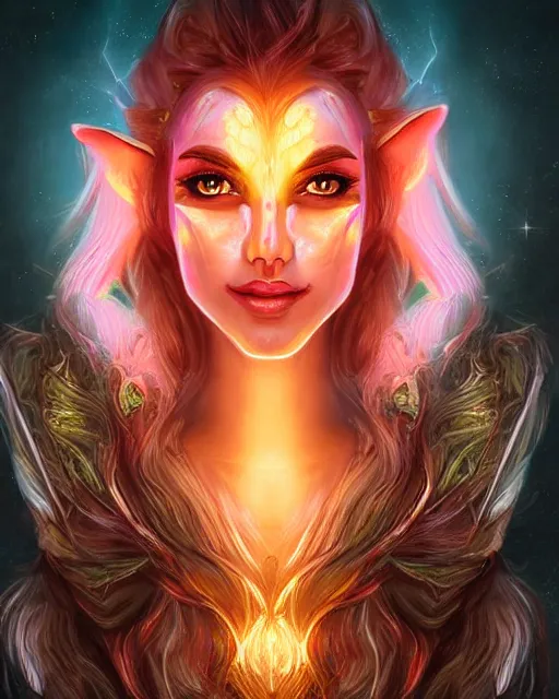 Prompt: beautiful female elf with glowing hair symmetrical face eyes, glistening tongue by Jana Schirmer,