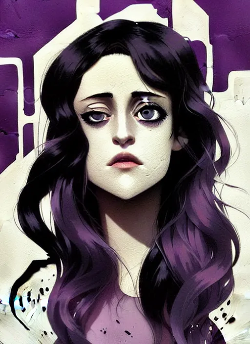 Image similar to highly detailed closeup portrait of beautiful carly chaikin as darlene alderson, wavy black hair, by atey ghailan, by greg rutkowski, by greg tocchini, by james gilleard, by joe fenton, by kaethe butcher, gradient purple, black and white color scheme, grunge aesthetic!!! ( ( graffiti tag wall background ) )