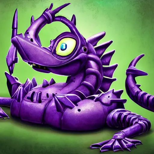 Prompt: very cute purple robototechnic dragon looking at camera, Disney, epic, digital art