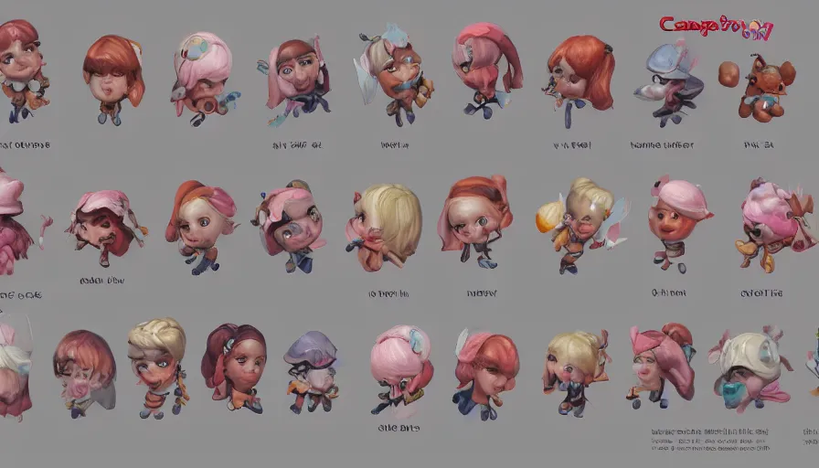 Image similar to cute candy character sheet, oil painting by jama jurabaev, extremely detailed, brush hard, artstation, for aaa game, high quality, brush stroke