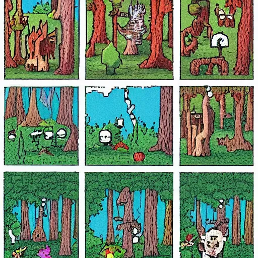 Prompt: pixel art forest in the style of the far side ( print comic )