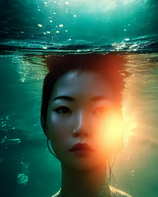 Prompt: portrait of asian woman underwater during sunrise, sunrays, aquaman aesthetic, caustics, rippling water, photoshoot, long flowing hair, haunting!, iconic, fine-art, masterpiece, cinematic, trending on artstation