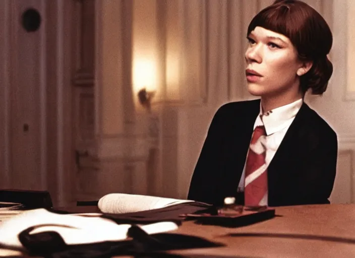 Image similar to A movie still of Lea Seydoux as Secretary of State in 1976 thriller movie.