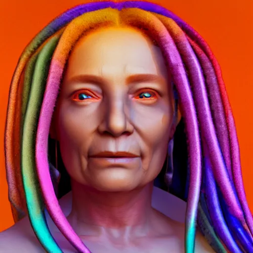 Prompt: old woman with long dreadlocks in rainbow colors __trending artstation, ambient lighting, orange halo __ neon artifacts __ 3D render by Andrei Riabovi