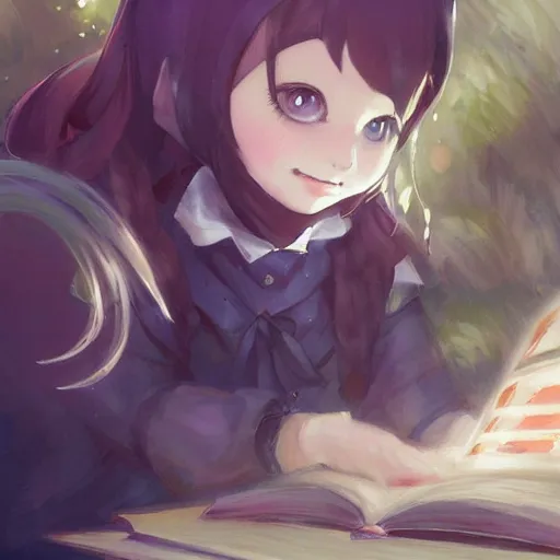 Image similar to little witch opening a book, artwork by cushart, krenz