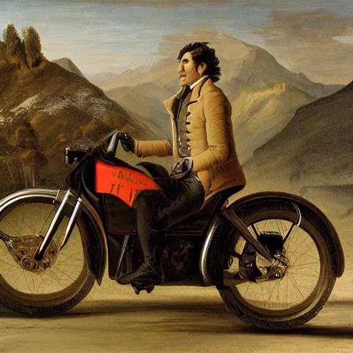 Prompt: portrait of al pacino crossing the alps riding a harley davidson by jacques - louis david