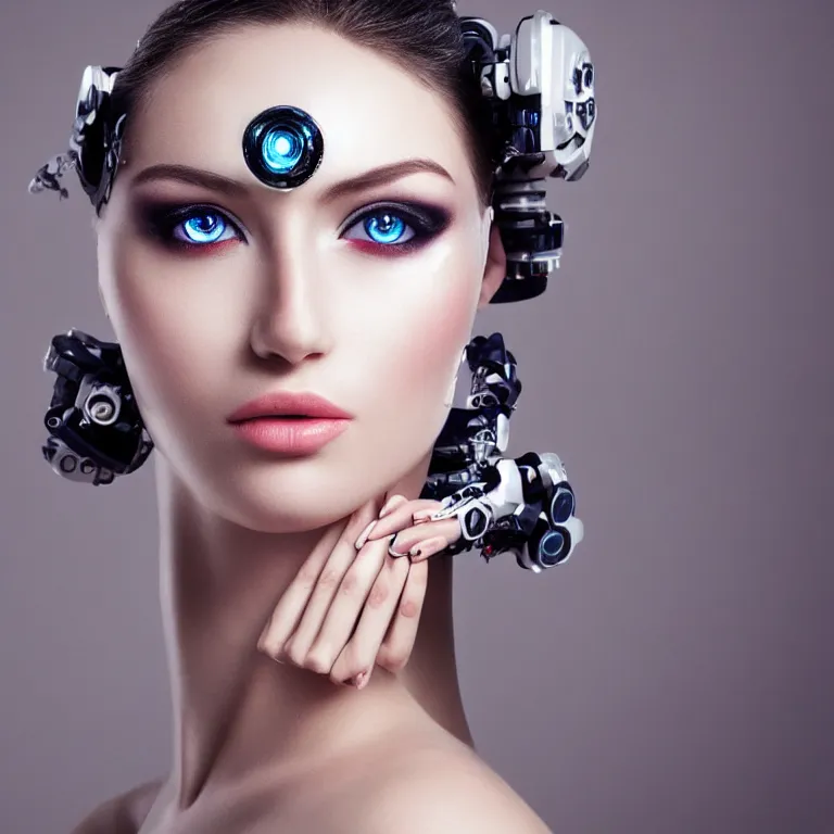 Prompt: “ a realistic photo of a cyborg beauty queen robot with a perfect face and stunning eyes looking at the the camera, fashion photography, 5 5 mm f 2. 8 canon ”