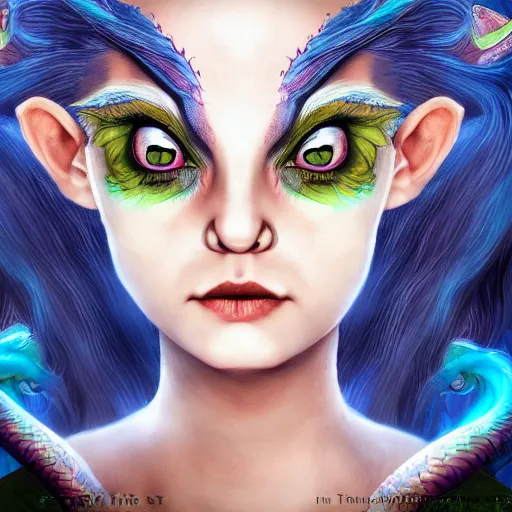 Image similar to The dragon girl portrait, portrait of young girl half dragon half human, dragon girl, dragon skin, dragon eyes, dragon crown, blue hair, long hair, highly detailed, cinematic lighting, by Tim Burton and David Lynch