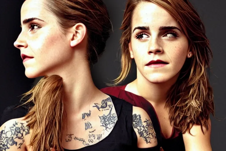 Image similar to emma watson, dope tattoo, hyperrealistic