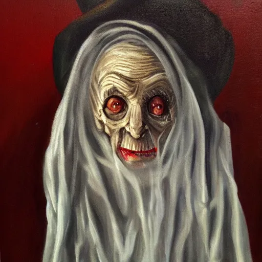 Image similar to creepy old cursed witch watching you sleep, eerie, haunted, oil painting