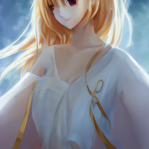 Image similar to portrait of an anime girl in white and golden clothes , digital painting , artstation , gorgeous , cute , beautiful , elegant , devian art , 4k , HD