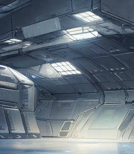 Image similar to highly detailed Spaceship hangar concept art, artstation