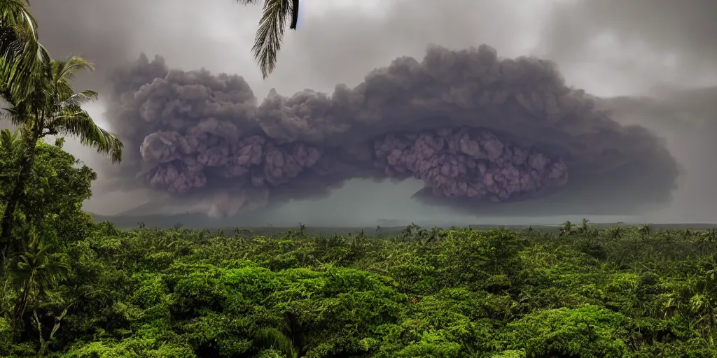 Image similar to atomic blast over a Hawaiian villa in the middle of an tropical forest, ominous Sky, gloomy atmosphere, cinematic, mist, High definition, 8k, ultra detailed