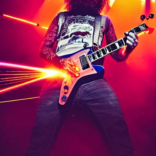 Image similar to rock guitarist shredding on stage, playing sunburst gibson les paul, photorealism, smoke, lasers and explosions, hyper detailed