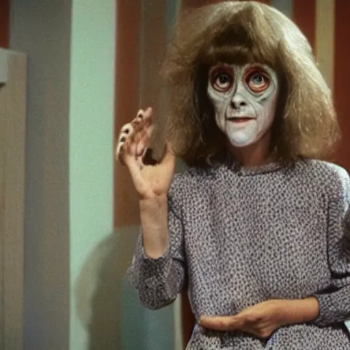 Image similar to middle-age woman enters an eyeball cult, 1977 live-action children's tv show, color