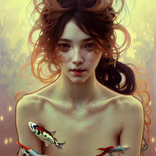 Image similar to Portrait of a girl surrounded by Koi fish, face, fantasy, intricate, elegant, highly detailed, digital painting, artstation, concept art, smooth, sharp focus, illustration, art by Krenz Cushart and Artem Demura and alphonse mucha