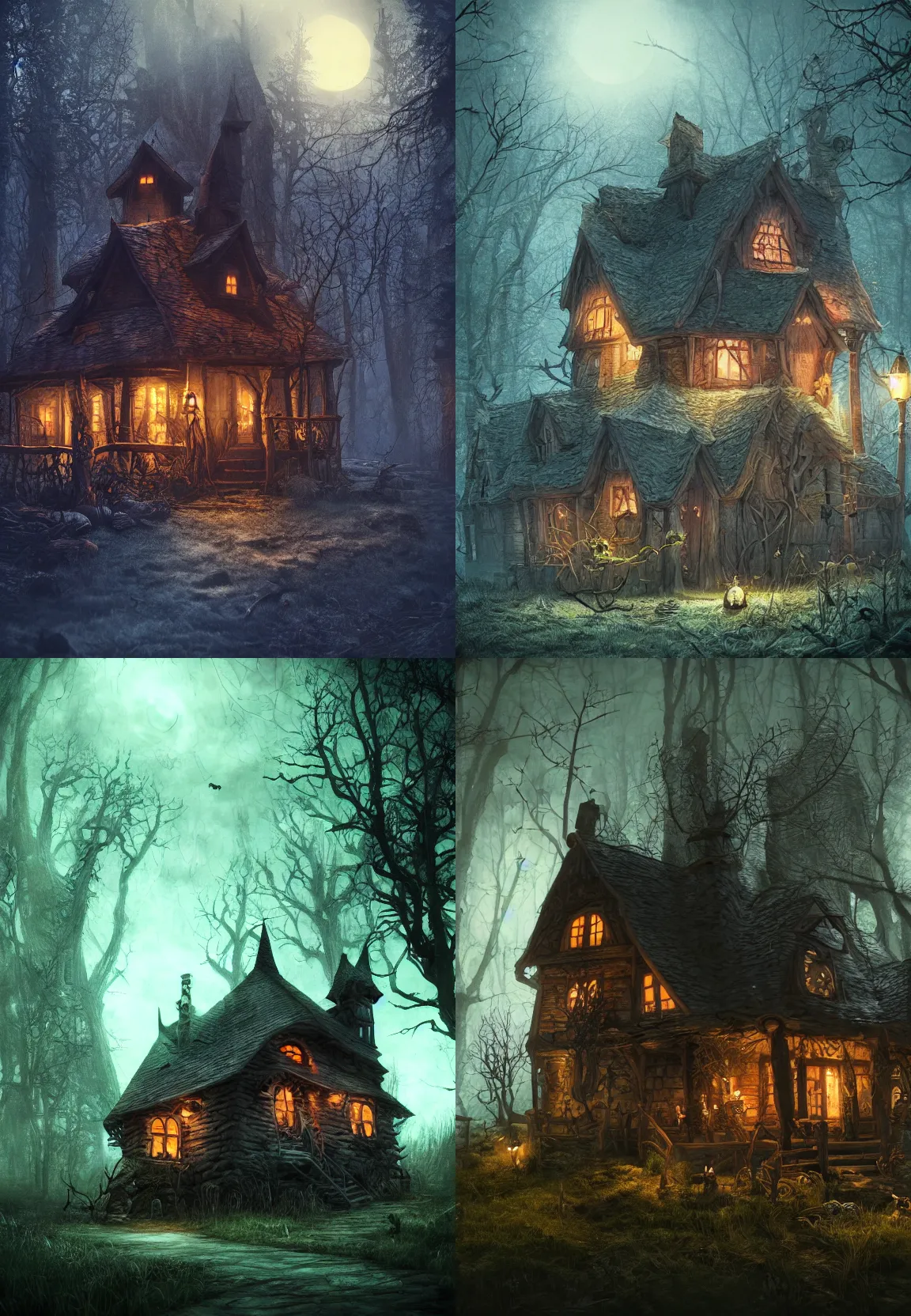 Prompt: cute spooky witch cabin on a fantasy forest at night, artstation hq, photorealistic, hiperrealistic, sharp focus, 4 k uhd, unreal engine 5, cinematic shot, cinematic lightning, dark tones, high contrast, intricate, masterpiece, brian froud