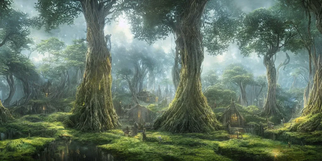 Prompt: Lothlórien with elven homes on trees, evening, detailed matte painting, cinematic, Alan Lee, Artstation