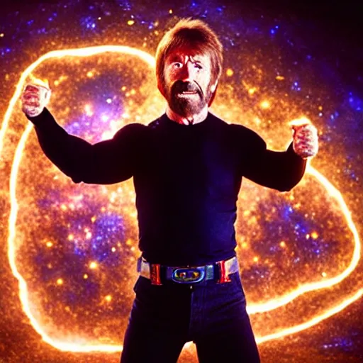 Prompt: uhd candid photo of cosmic chuck norris powering up, glowing, global illumination, studio lighting, radiant light, hyperdetailed, correct face, elaborate intricate costume. photo by annie leibowitz