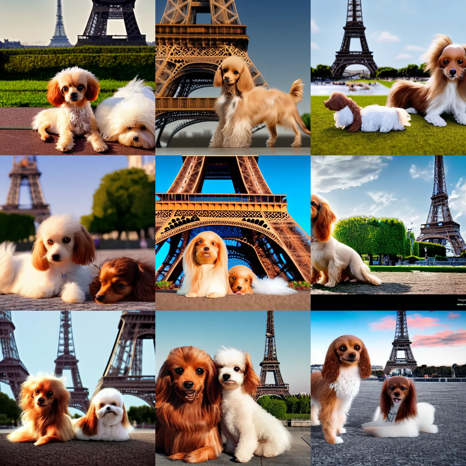 Prompt: a photorealistic closeup image of a cute brown colored long haired chihuahua cocker spaniel dog with a happy white bichon frise dog in paris laying out in front of the eiffel tower. brightly lit. extreme detail. 4 k hd unreal engine