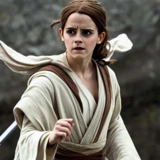 Image similar to emma watson as a jedi knight in battle, high high high quality