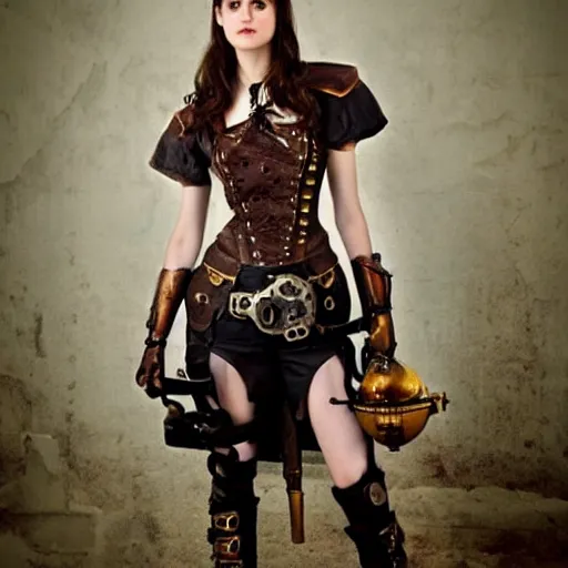 Image similar to full shot photo of alexandra daddario as a steampunk warrior