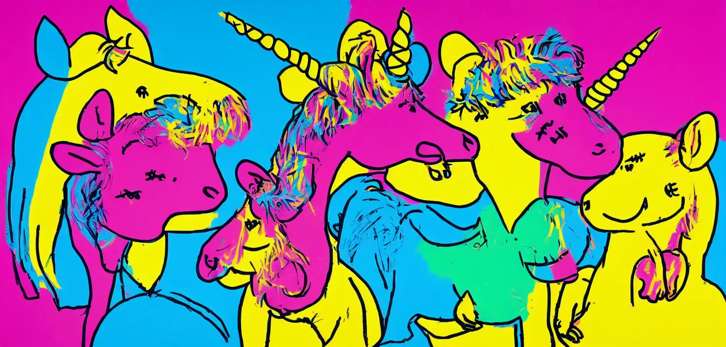 Image similar to a unicorn and a mouse on a sugar rush, colourful, bright, cheery, andy warhol, ralph goings