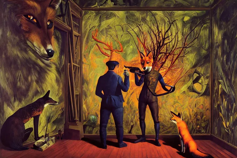 Image similar to ( ( a beautiful masterpiece painting ) a english fox hunter and a monster in a hunting lodge ( by ( remedios varo ) and ( anato finnstark ) and ( greg rutkowski ) and ( andy warhol ) and i ( francis picabia ) ) ( camouflage ) ( hyperrealism ) ( trending on artstation )