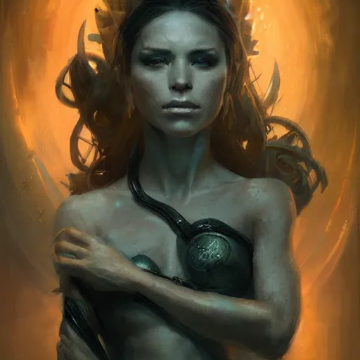 Image similar to a beautiful portrait of a death goddess by Greg Rutkowski and Raymond Swanland, Trending on Artstation, ultra realistic digital art