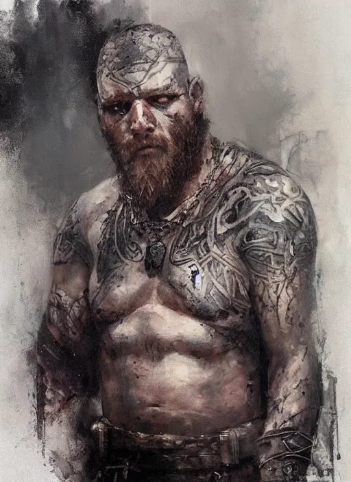 Image similar to portrait painting of viking berserker with a dinosaur tattoos, by jeremy mann, only one head single portrait