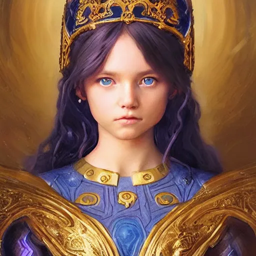 Image similar to a little girl with short wavy curly light brown hair and blue eyes, a space empress in byzantine style. beautiful highly detailed face, painting by artgerm and greg rutkowski and raymond swanland.