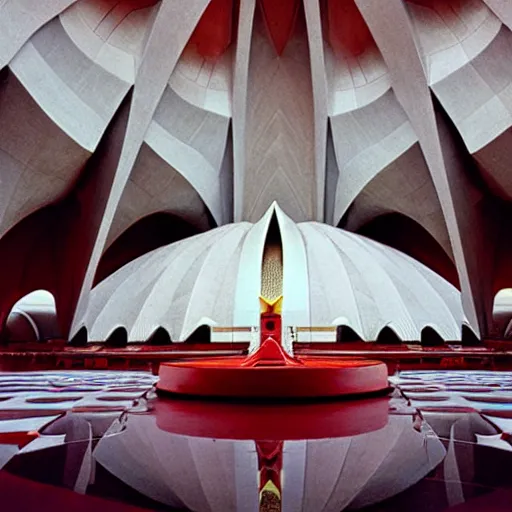 Image similar to interior of a futuristic lotus temple with gold, red and white marble panels, in the desert, by buckminster fuller and syd mead, intricate contemporary architecture with art nouveau motifs, photo journalism, photography, cinematic, national geographic photoshoot