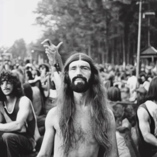 Image similar to jesus as a 7 0 s hippie at woodstock, vintage, 3 5 mm film, nostalgic and euphoric, 4 k, 8 k, photorealistic, film grain