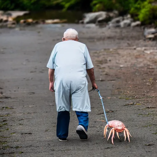 Image similar to elderly man walking a pet crab, leash, park, happy, canon eos r 3, f / 1. 4, iso 2 0 0, 1 / 1 6 0 s, 8 k, raw, unedited, symmetrical balance, wide angle