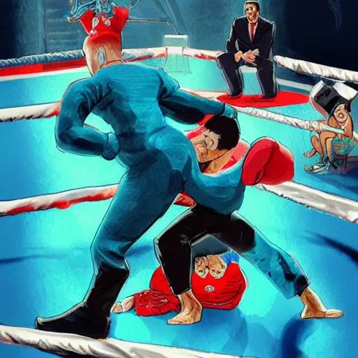 Image similar to Joe Biden fight Xi Jinping in a wrestling match, funny, caricature, realistic, detailed, full body, teal suit, intricate, elegant, highly detailed, artstation, sharp focus, illustration, art by Artgerm, Makoto Shinkai, Ilya Kuvshinov, Lois Van Baarle, and Rossdraws