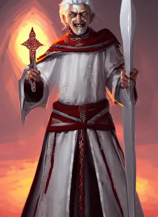 Image similar to a highly detailed illustration of sadistic white haired tanned african priest wearing white robe with red cross design, wielding divine bloody sword, evil smile, gothic church background, intricate, elegant, highly detailed, centered, digital painting, artstation, concept art, smooth, sharp focus, league of legends concept art, wlop