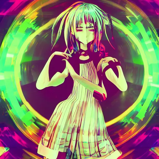 Prompt: Anime, glitchy, glitch art, Chromatic aberration, girl in strings in white dress dancing twerk, halo over her head, nobody knows the future - n 4