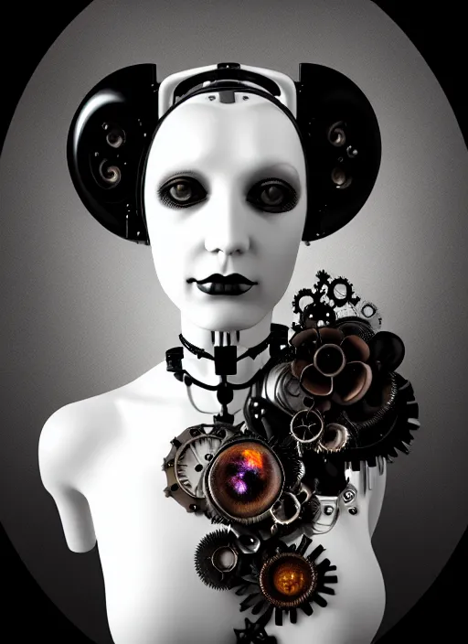 Image similar to 1 9 3 0 black and white gothic masterpiece profile face portrait, one steampunk eye biomechanical beautiful young female cyborg - robot, body meshes, big monocular, volumetric light, hibiscus flowers, by hg giger, rim light, big gothic fashion pearl embroidered collar, 8 k