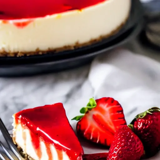 Prompt: close view of a delicious sweet and perfect strawberry cheesecake piece, award winning, 4 k, beautiful