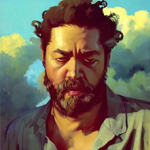 Prompt: greg manchess painting of a man in a hawaiian shirt surrounded by clouds of fluffy white marijuana vapor, with bloodshot eyes, medium shot, asymmetrical, profile picture, organic painting, sunny day, matte painting, bold shapes, hard edges, street art, trending on artstation, by huang guangjian and gil elvgren and sachin teng