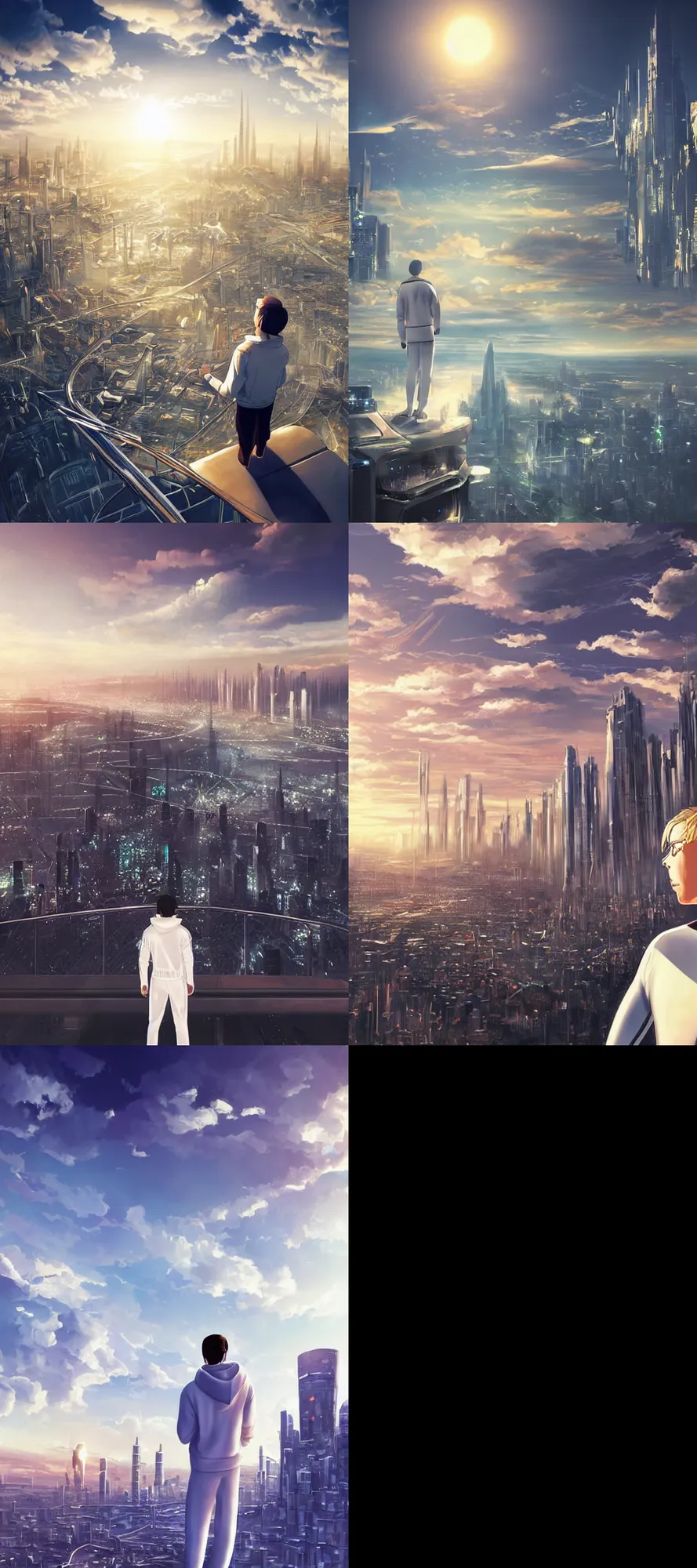 Prompt: man in white tracksuit overlooking a futuristic city, golden hour, dreamy, beautiful clouds, beautiful artwork by Makato Shinkai, futuristic