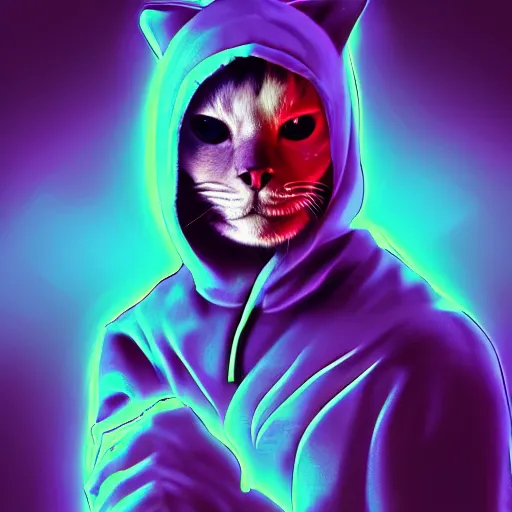 Image similar to cat skeletor in hoodie, portrait, vaporwave, synthwave, neon, vector graphics, cinematic, volumetric lighting, f 8 aperture, cinematic eastman 5 3 8 4 film, photorealistic