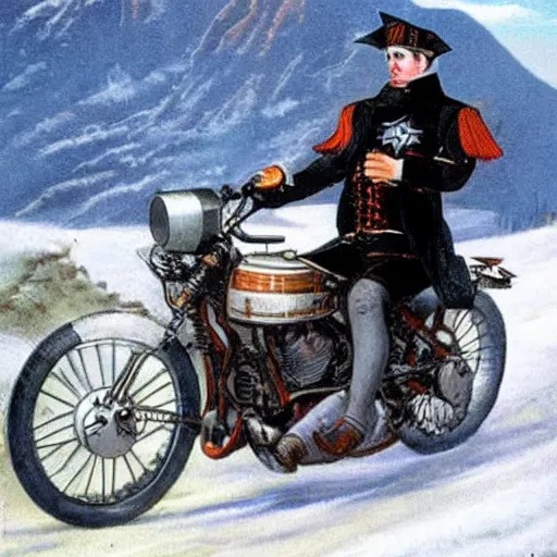 Prompt: Napoleon Crossing the Alps on a Harley Davidson